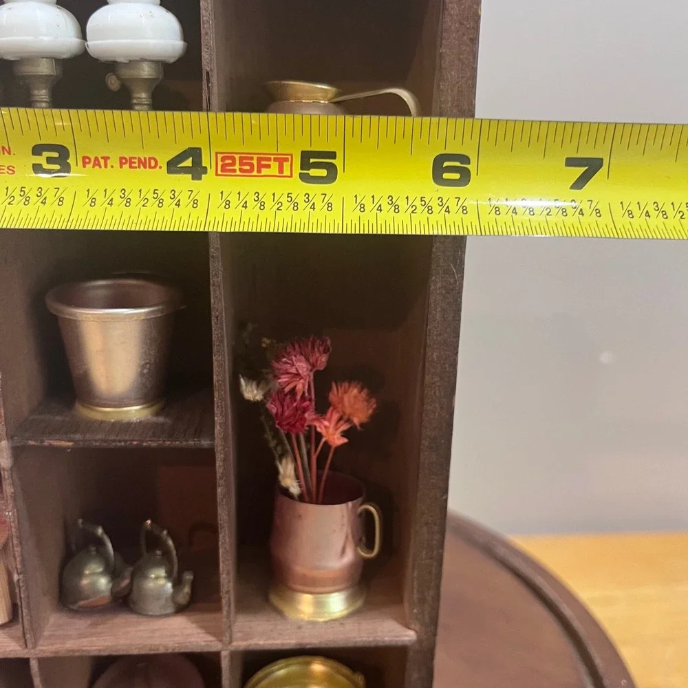 Vtg Country Farmhouse Wooden Shadow Box Curio Case 12 Miniatures Rustic Decor